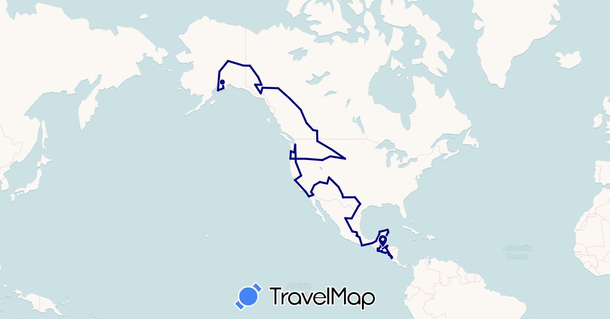 TravelMap itinerary: driving in Belize, Canada, Guatemala, Honduras, Mexico, Nicaragua, El Salvador, United States (North America)